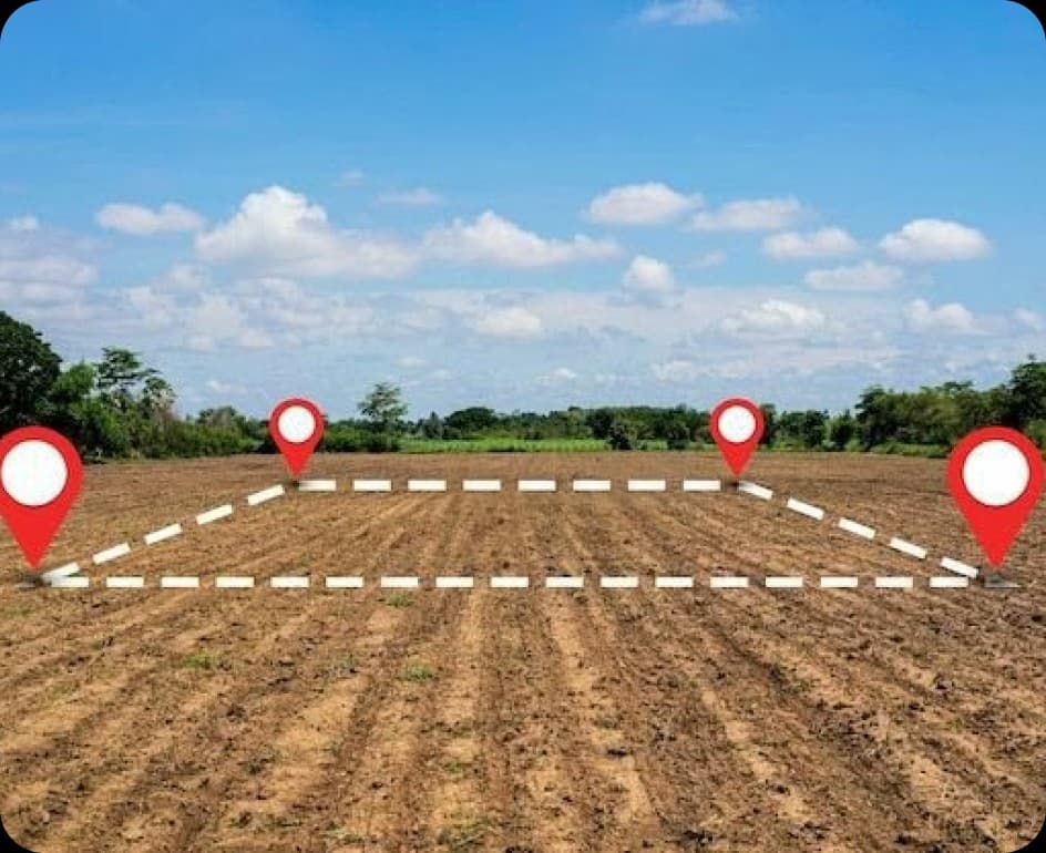 Tilled field with dashed plot boundaries and survey pins