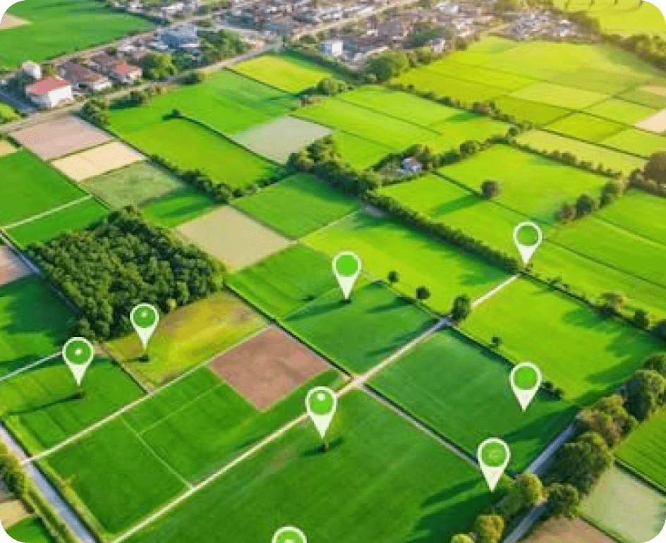 Aerial farmland with location pins marking individual plots